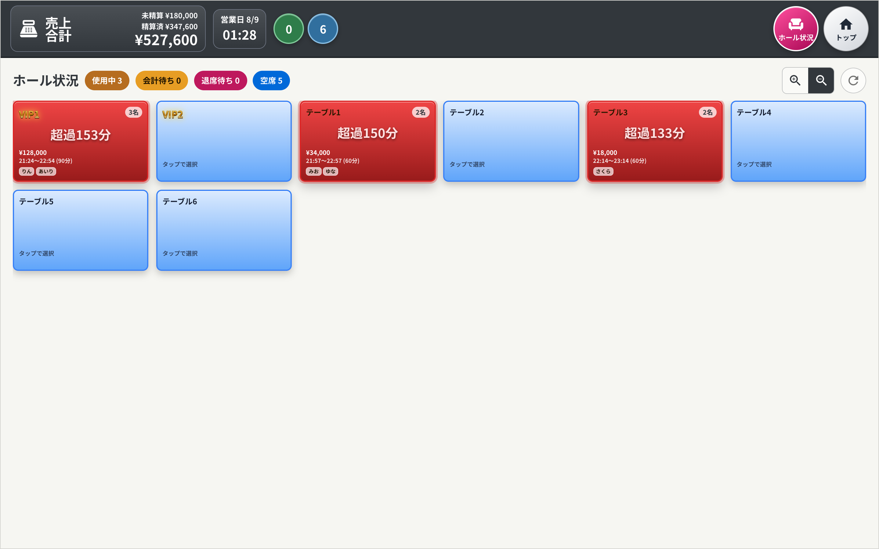 卓の利用時間、人数、担当キャストを表示するLumina Admin CLUBモード