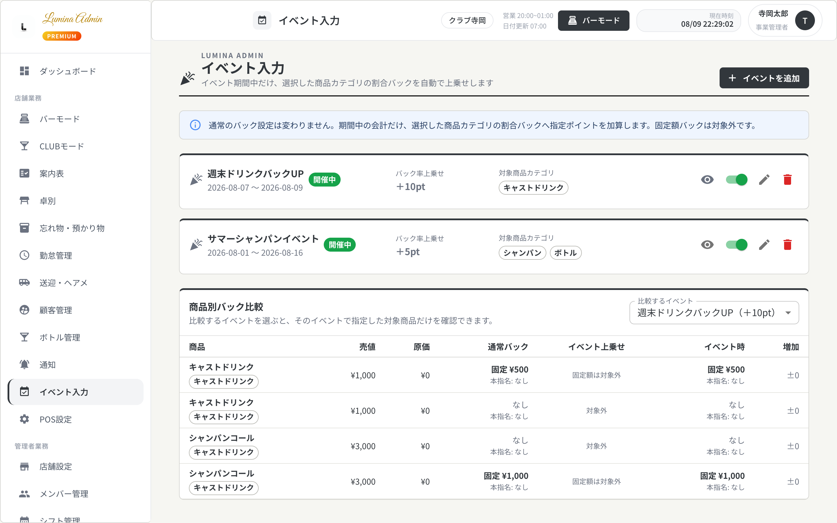 イベント期間とバック率を設定する画面