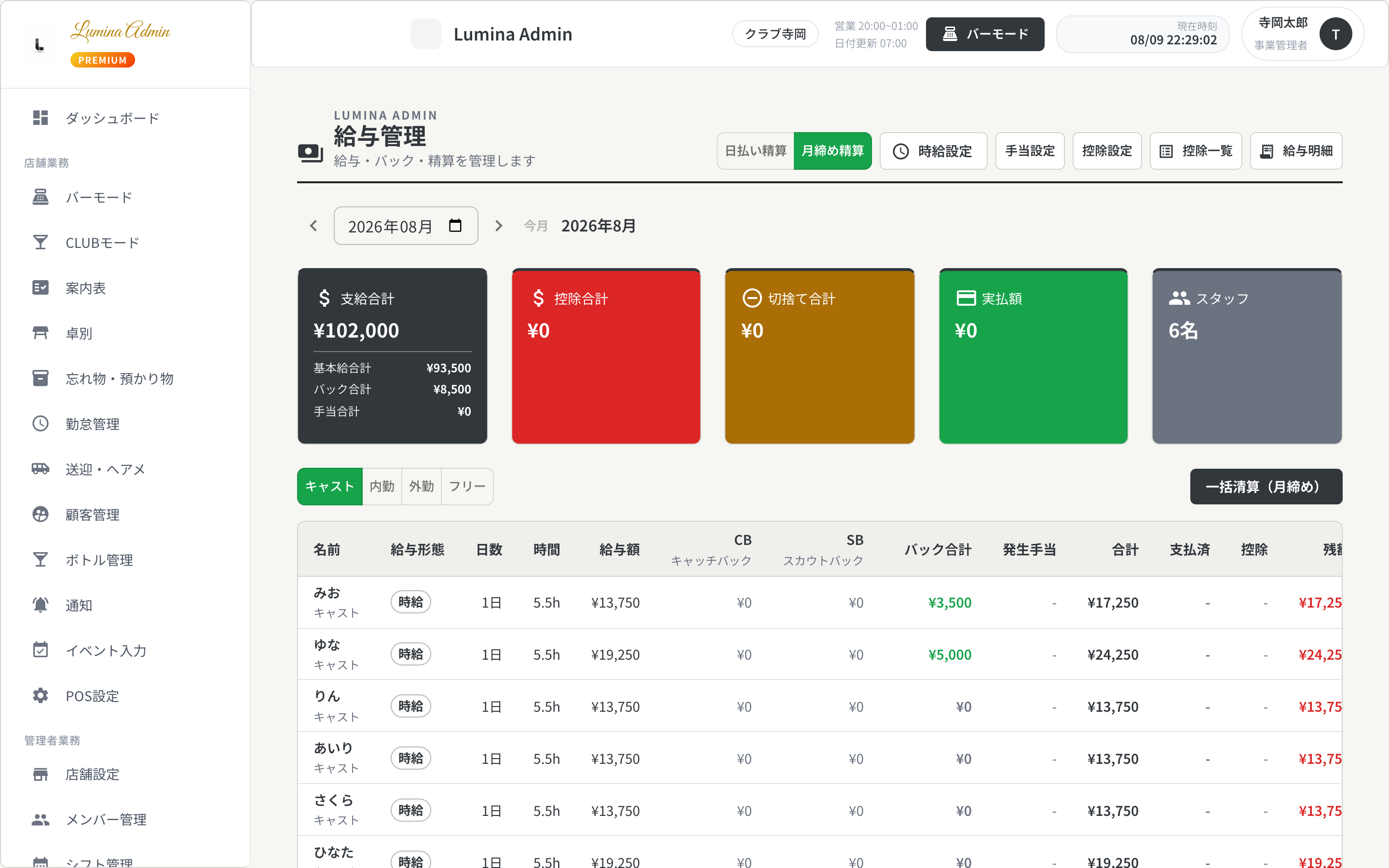 SB・CBの内訳を表示するLumina Admin給与管理画面